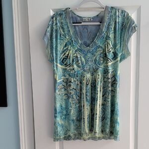 ONE WORLD Blue and Green Patterned Blouse With Green And Blue Tiny Crystals